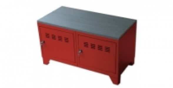 Meuble bas sur pieds rouge avec plateau ardoise