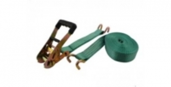 Sangle &agrave; cliquet polyester vert 50 mm x 8,5 m + 0,5 m + crochets poids