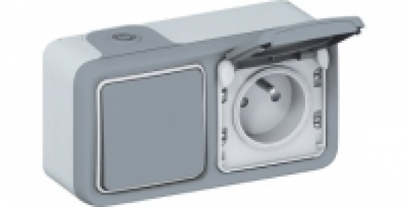 Boitier interrupteur + prise 2P+T vertical étanche gris LEGRAND Plexo