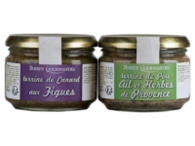 2 terrines de canard aux figues et de porc à lail et herbes de Proven