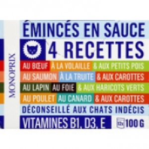 Monoprix 4 recettes, boeuf, saumon, lapin, poulet, vitamines b1, d3, e