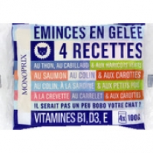 Monoprix 4 recettes, saumon, thon, colin et crevettes, vitamines b1, d3, e