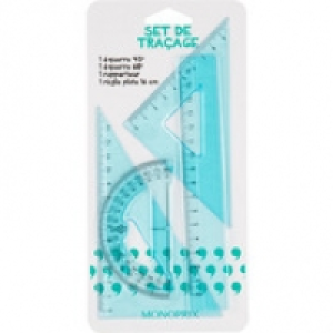 Monoprix Set de traçage, 1 équerre 45°, 1 équerre 60°, 1 rapporteur, 1 règles p