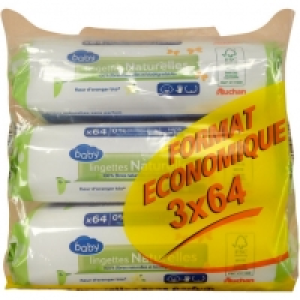 Auchan Baby Lingettes Naturelles Sans Parfum 3X 64