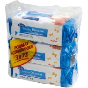 Auchan Baby Lingettes Bébé Douceur, Recharge 3X 72