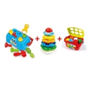 3 jeux en 1 : Atelier bricolage + Tour des anneaux + Trieur de formes