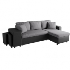 Auchan  Canapé angle droit convertible + 2 poufs + coffre tissu simili ANETTA