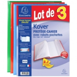 Auchan Exacompta EXACOMPTA lot de 3 protege Cahier translucide bleu, vert et rouge avec