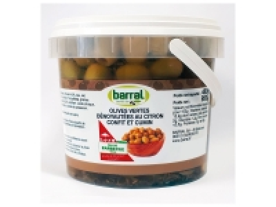 Seau dolives vertes dénoyautées citron et cumin