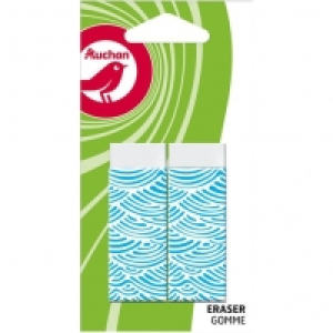 AUCHAN Lot de 2 gommes blanches rectangulaires avec fourreau motif ble
