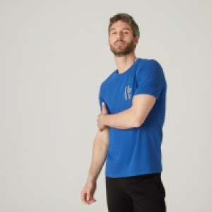 Decathlon  T-shirt fitness manches courtes coton extensible col rond homme bleu o