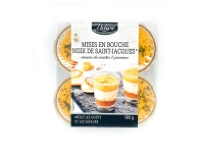 4 mises en bouche noix de Saint- Jacques, mousse de carottes et pommes